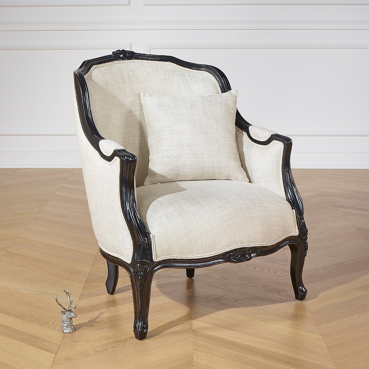 Fauteuil en hévéa teinté noir et lin premium VICTOR lin, ROBIN DES BOIS