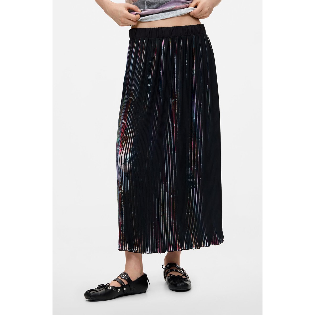 Jupe midi plissée à fleurs noir, DESIGUAL