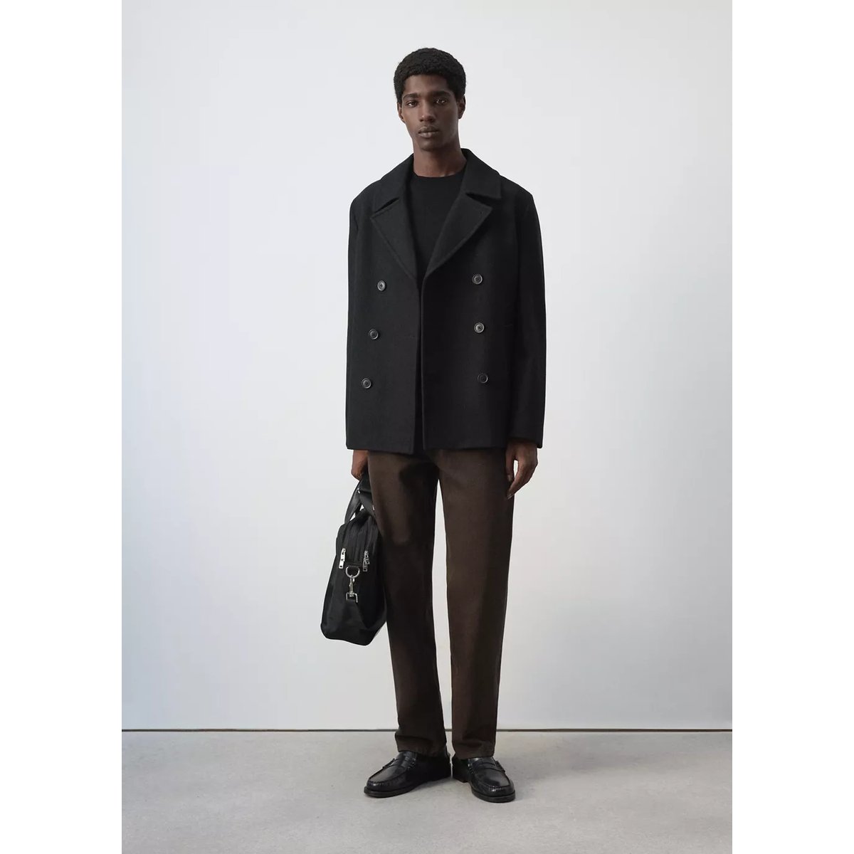 Manteau laine croisé boutons noir, MANGO MAN
