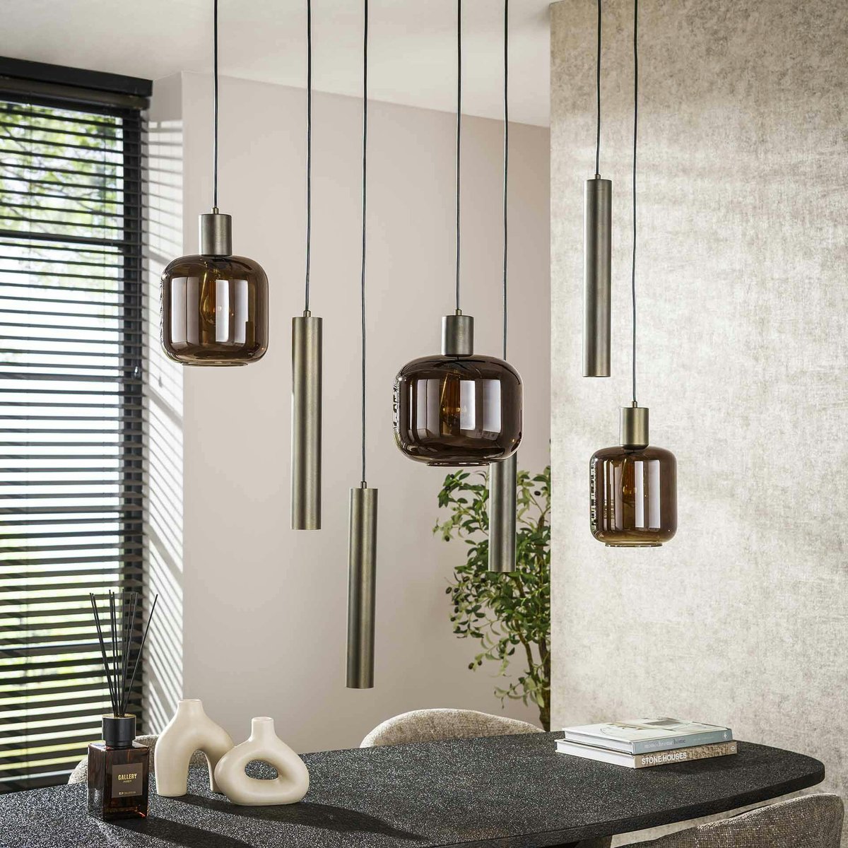 Suspension verre & métal – globes bruns + tubes bronze NOVA marron, PIER IMPORT