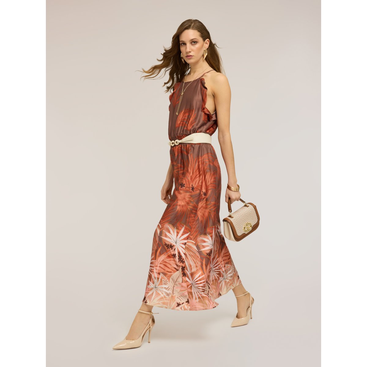 Robe longue imprimée orange soleil, MOTIVI