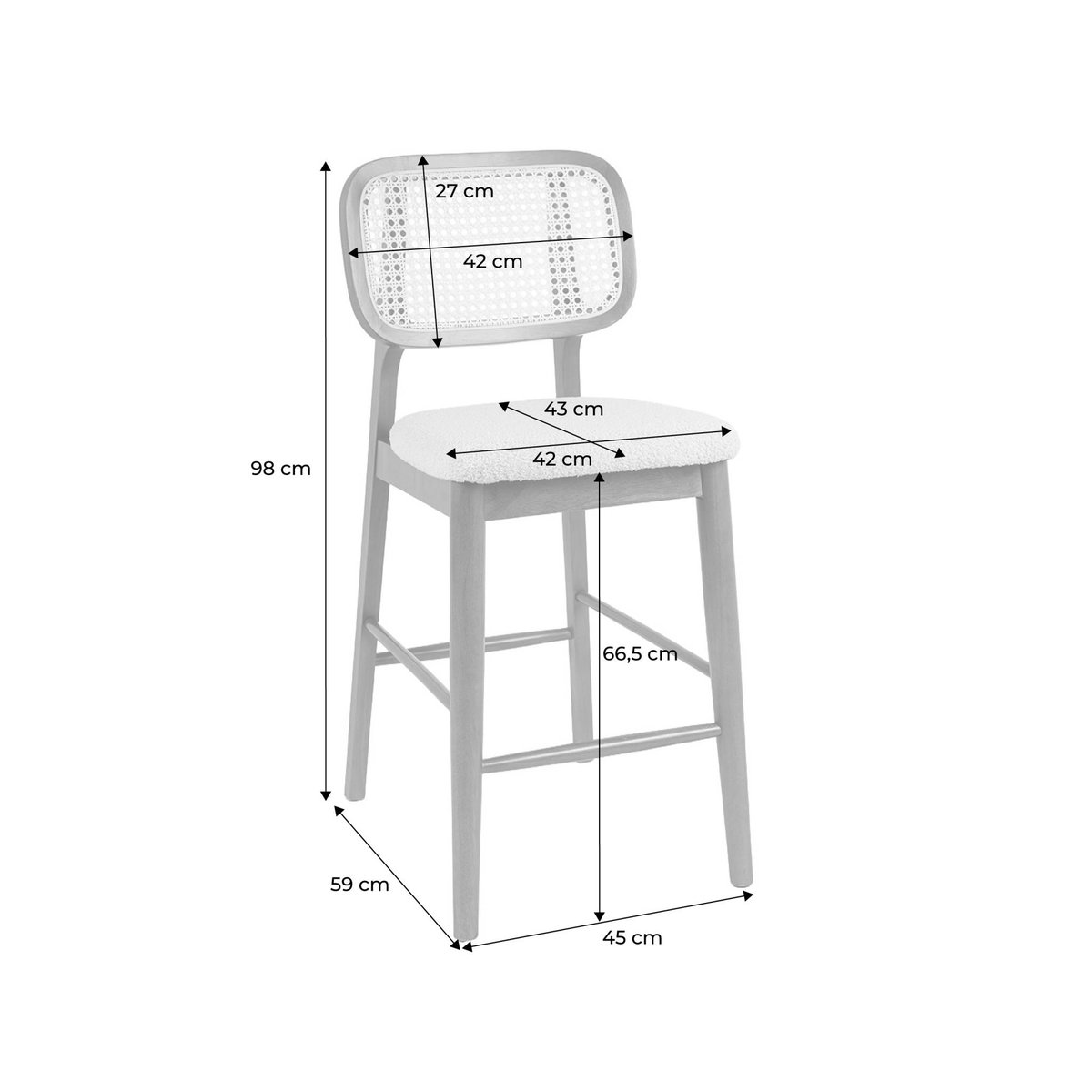 Tabouret de bar bois d'hévéa cannage et tissu 66,5cm (lot de 2) MANI naturel, SWEEEK