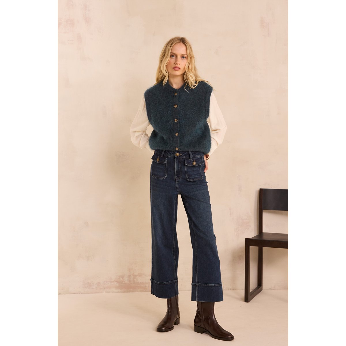 Jean large et cropped en coton mélangé STELLA denim brut, Maison 123
