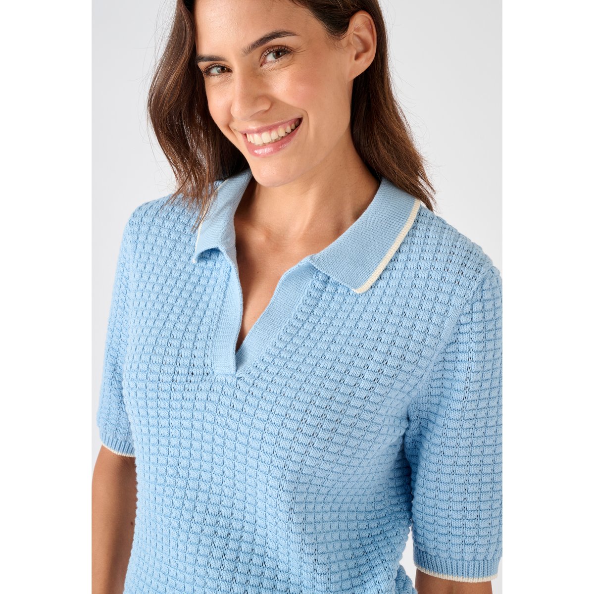 Pull col polo maille gaufrée bleu, DAMART