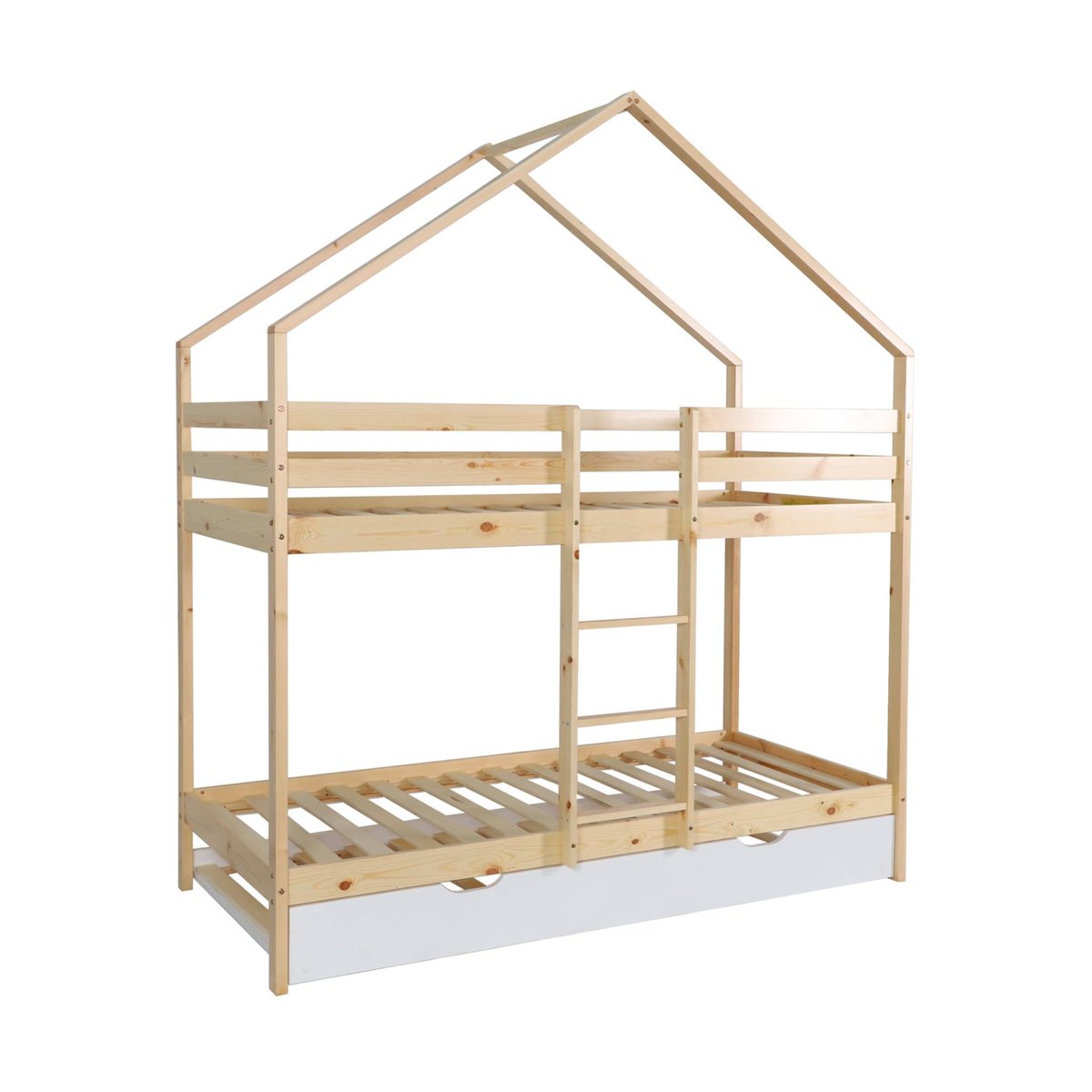 Lit enfant superposé cabane 90 x 190 cm pin naturel avec lit tiroir ROYA blanc, SWEEEK