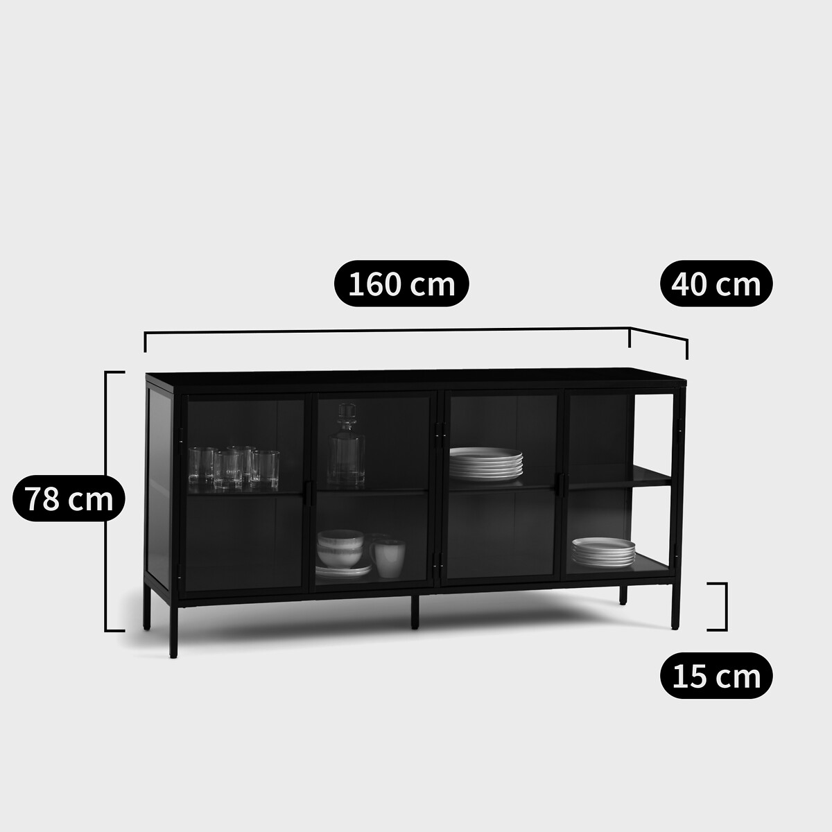 Buffet vitrine 4 portes métal acier, Harlem noir, LA REDOUTE INTERIEURS