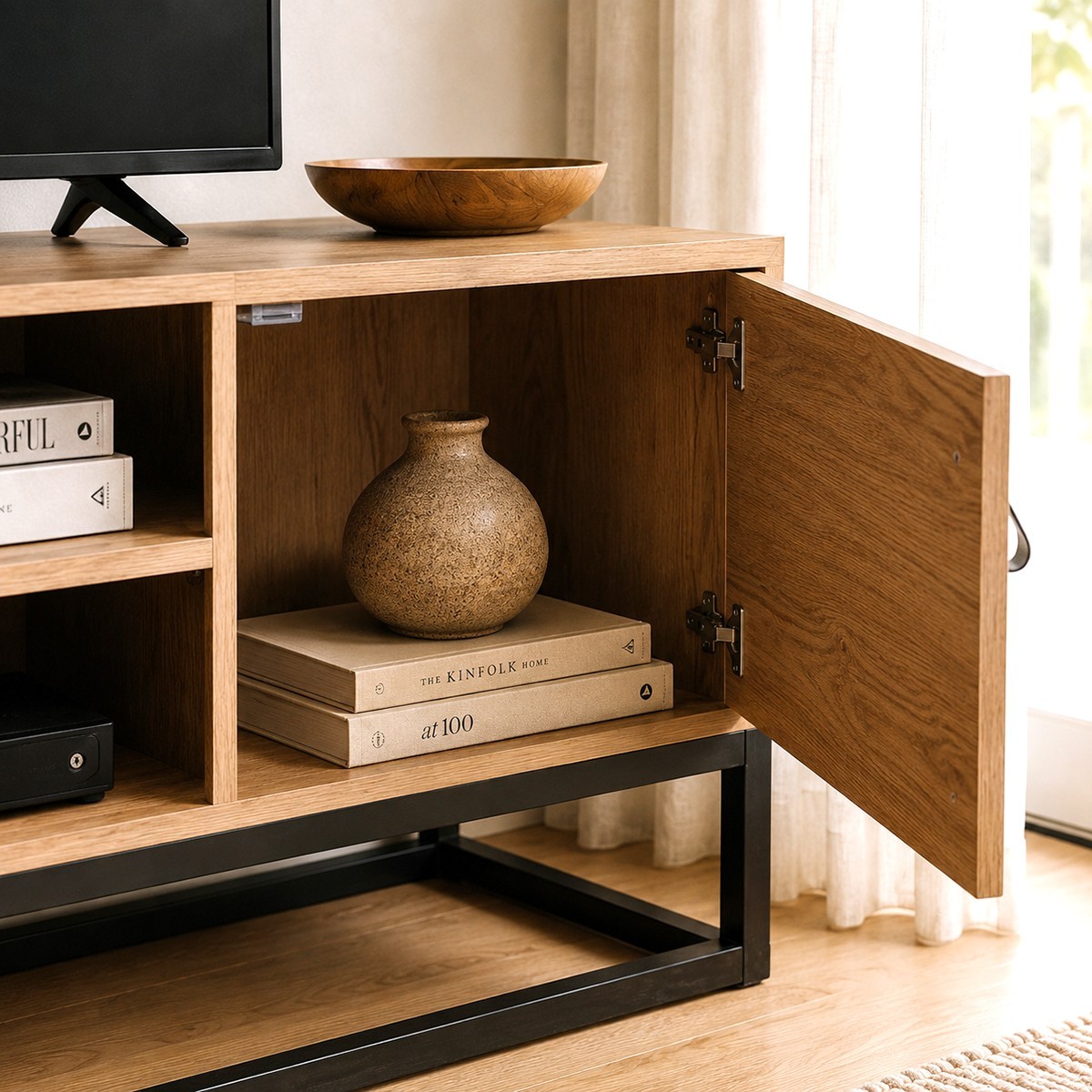 Meuble TV Décor Chêne 2 Portes 2 Niches L120 cm - JILL bois foncé, CALICOSY