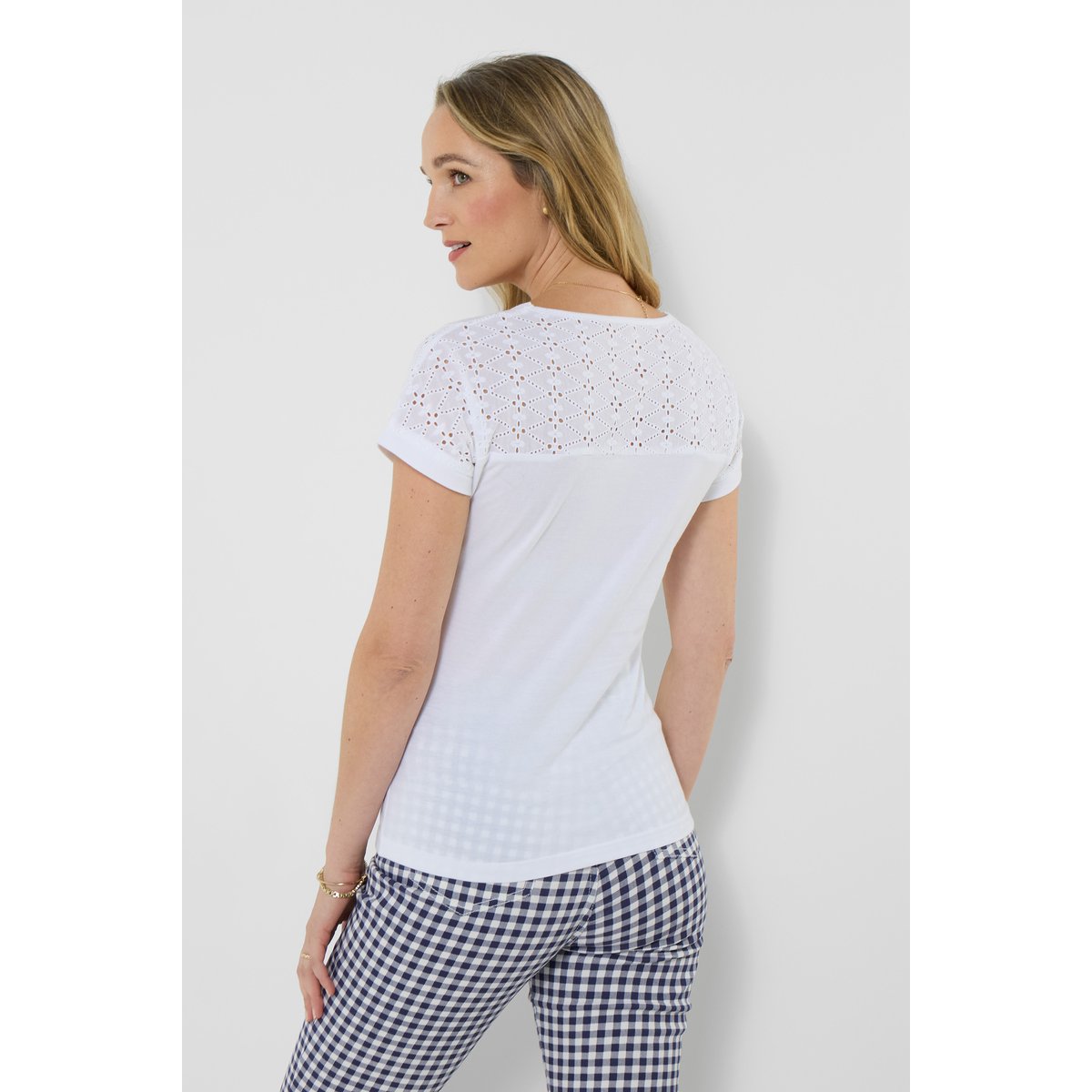 T-shirt à encolure en V avec insert brodé blanc, JOE BROWNS