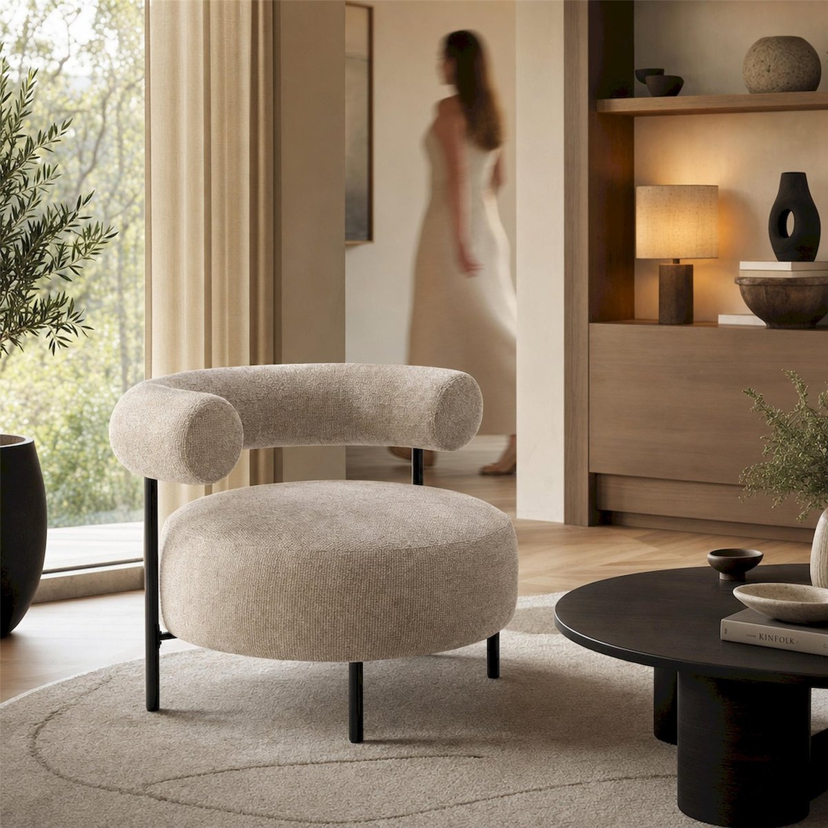 Fauteuil lounge en chenille MADASHER beige chenille, RECOLLECTION