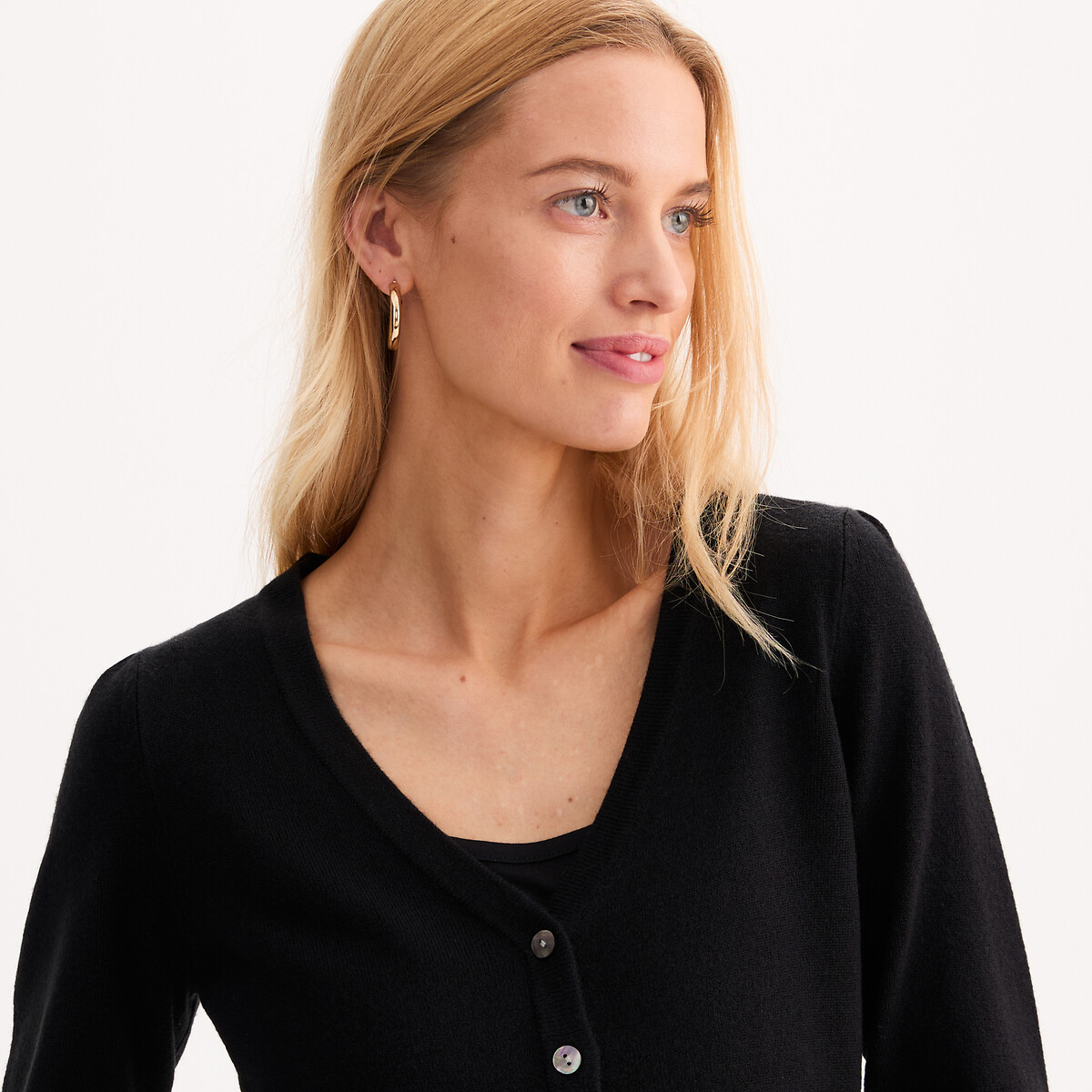 Gilet col V en fine maille, boutonné, très doux noir, ANNE WEYBURN