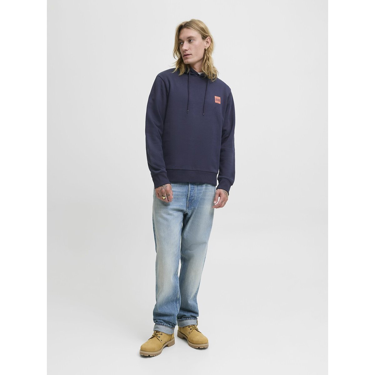 Felpa con cappuccio piccolo logo blu marino, JACK & JONES