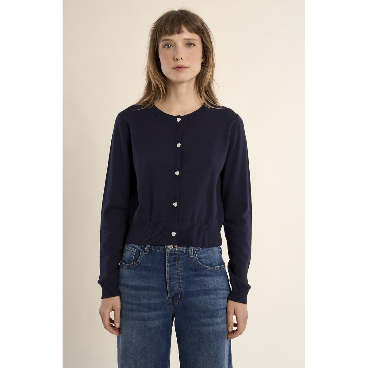Gilet col rond boutonné bleu marine, MOLLY BRACKEN