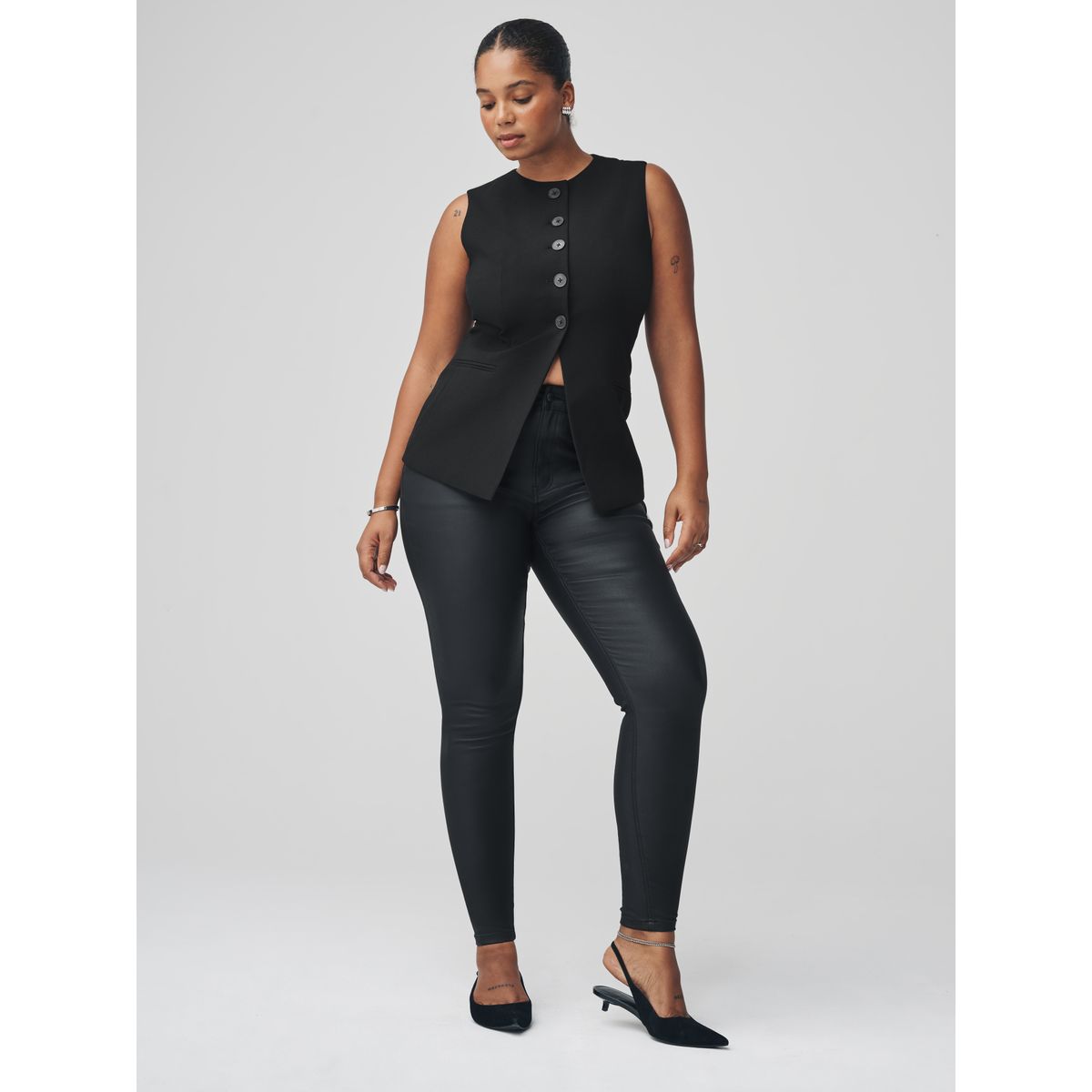 Jean skinny en denim enduit coupe sablier noir, NEXT