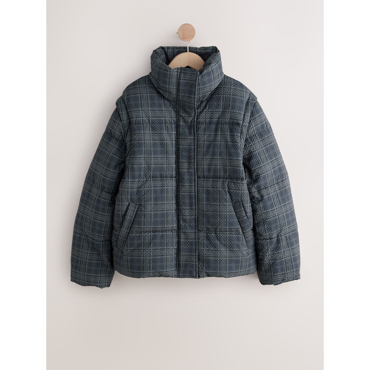 Manteau rembourré court à manches amovibles bleu marine à carreaux, NEXT