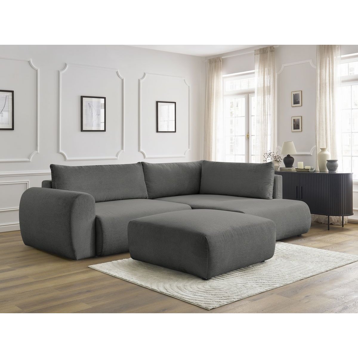 Canapé d'angle convertible 4 places en tissu lisse avec pouf, LUCIEN gris foncé, BOBOCHIC