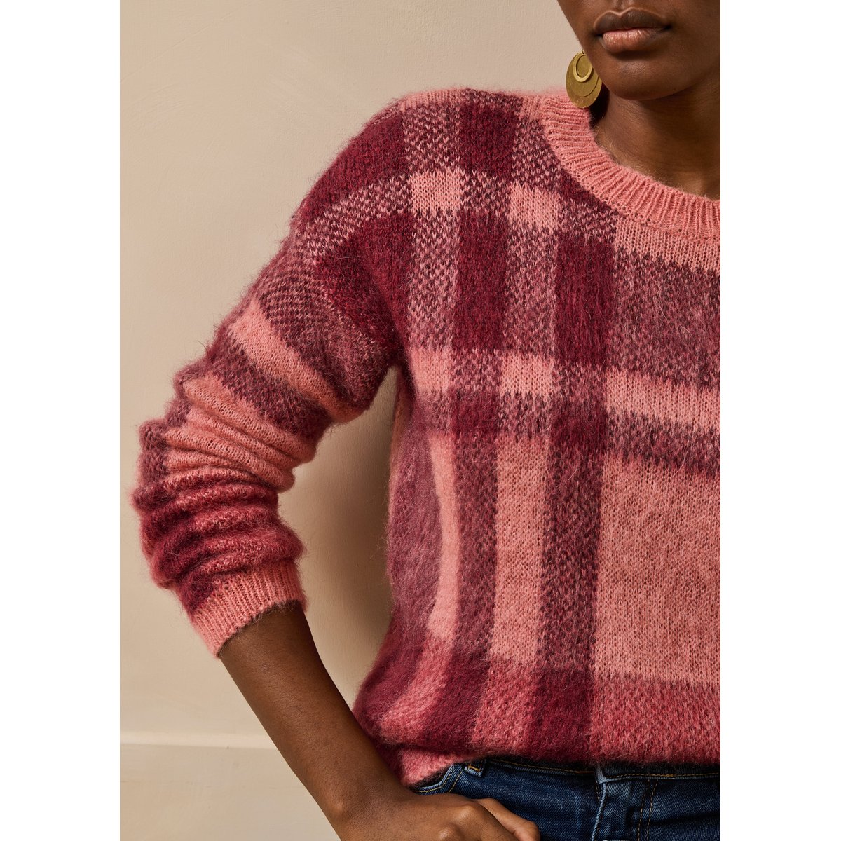 Pull manches longues en jacquard carreaux blush, LA FEE MARABOUTEE