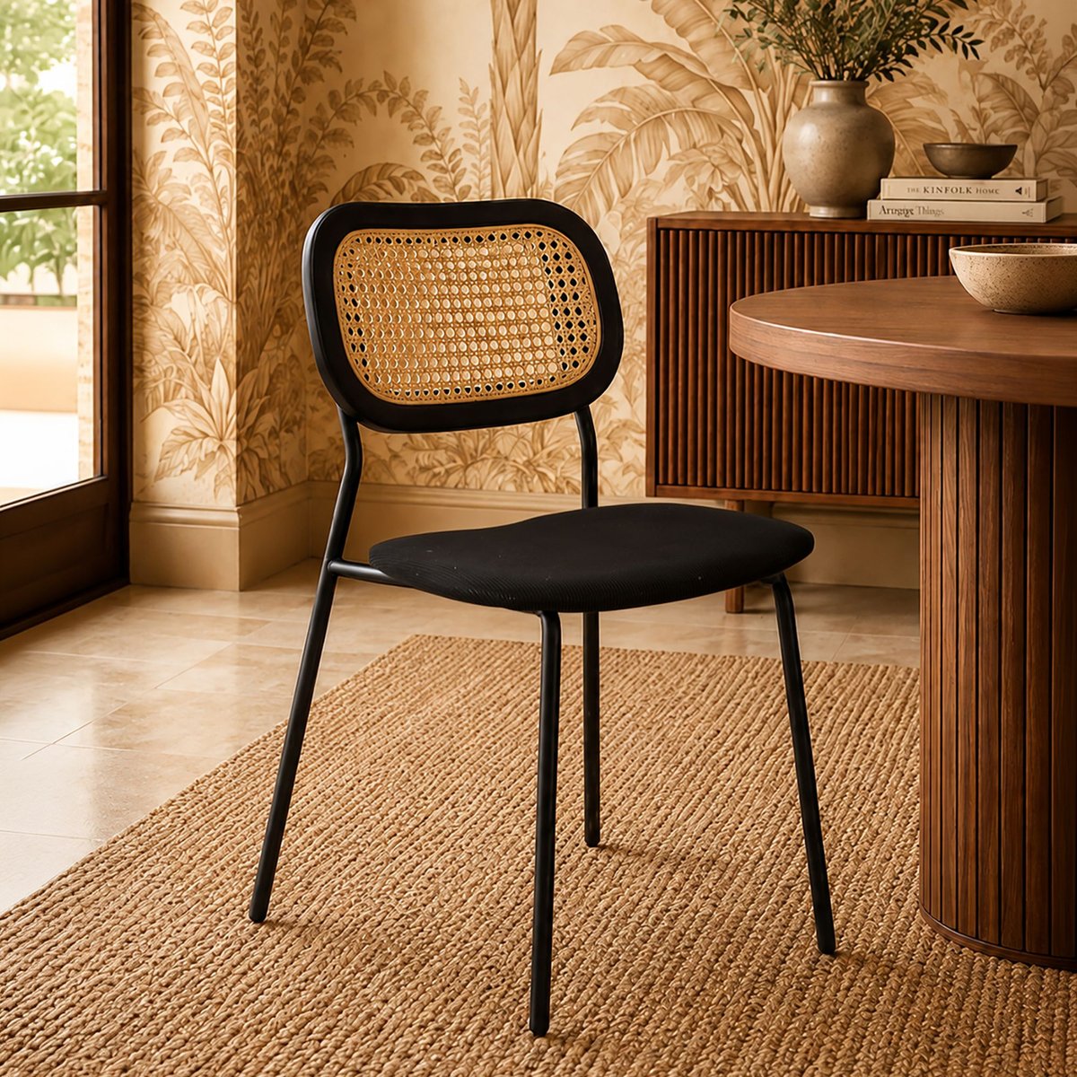 Table ovale effet bois 230cm + 6 chaises en rotin et velours noyer / noir, NOW'S HOME