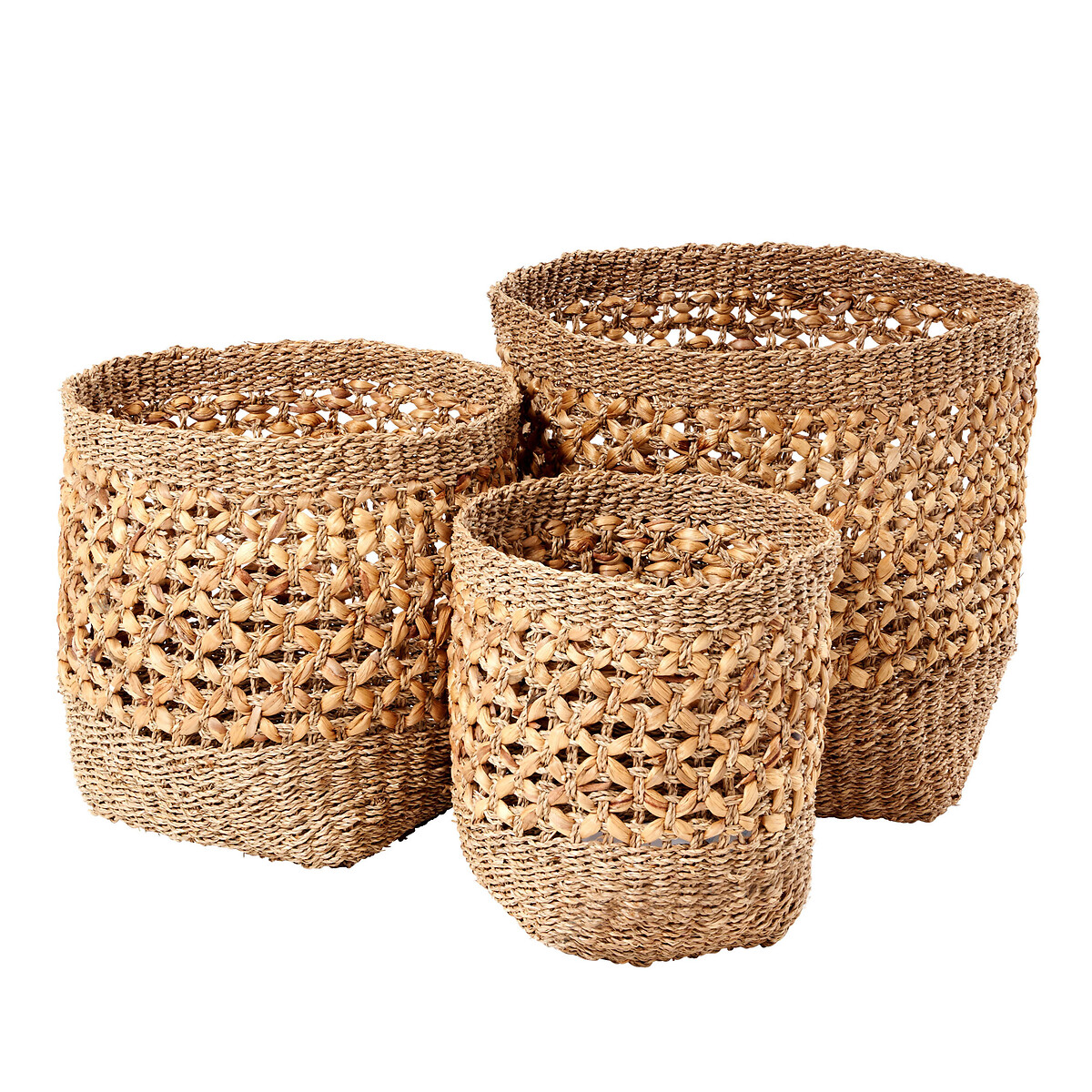 Set of 3 Seagrass and Water Hyacinth Natural Round Baskets natural, SO'HOME