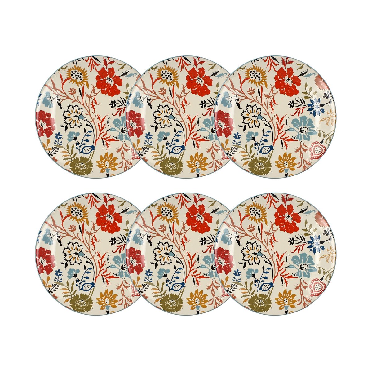 Lot de 6 assiettes plates florales en grès 27cm, JAIPUR blanc-jaune-rouge-vert, NOVASTYL