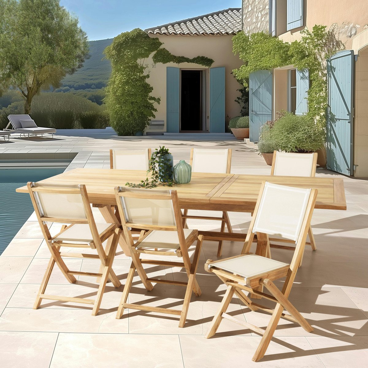 Ensemble de repas de jardin en teck table extensible et 6 chaises ALERIA bois naturel, PIER IMPORT