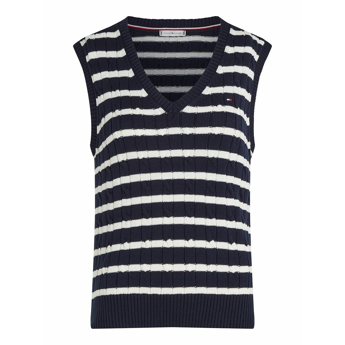 Pull sans manches col V marine/blanc, TOMMY HILFIGER