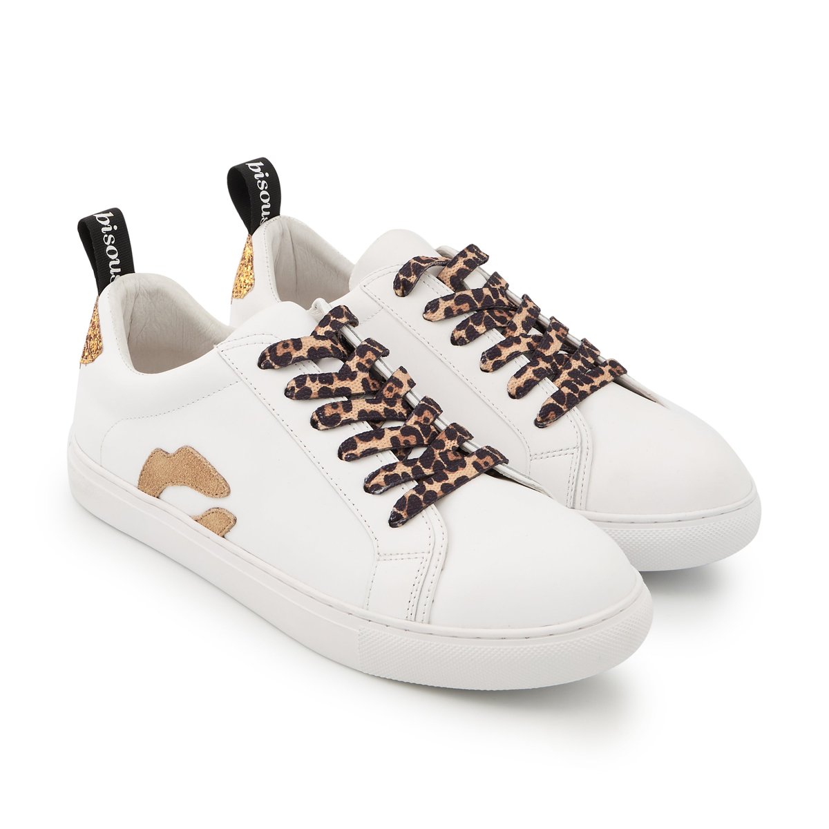 Baskets En Cuir Betty Bronze Glitter Leopard Lace blanc, BONS BAISERS