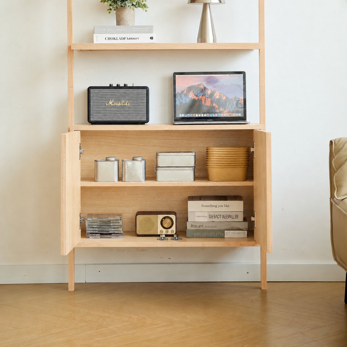 Etagère 3 niveaux + 2 rangements, bois, ETOSHA bois naturel, NORDLYS