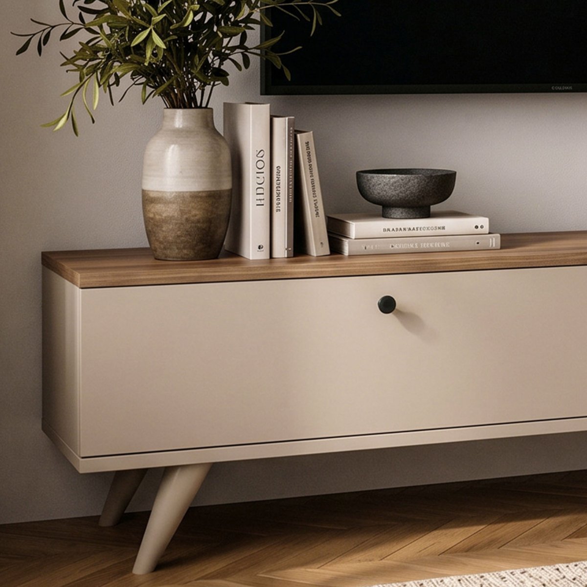 Meuble TV 2 portes plateau bois foncé L140cm- YARA beige, DRAWER