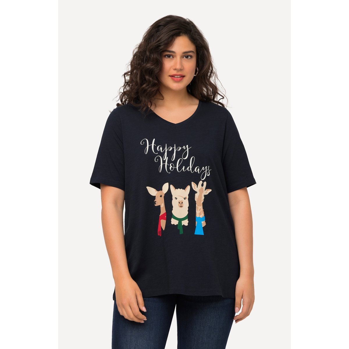 T-shirt de Noël à manches courtes et col V marine, ULLA POPKEN