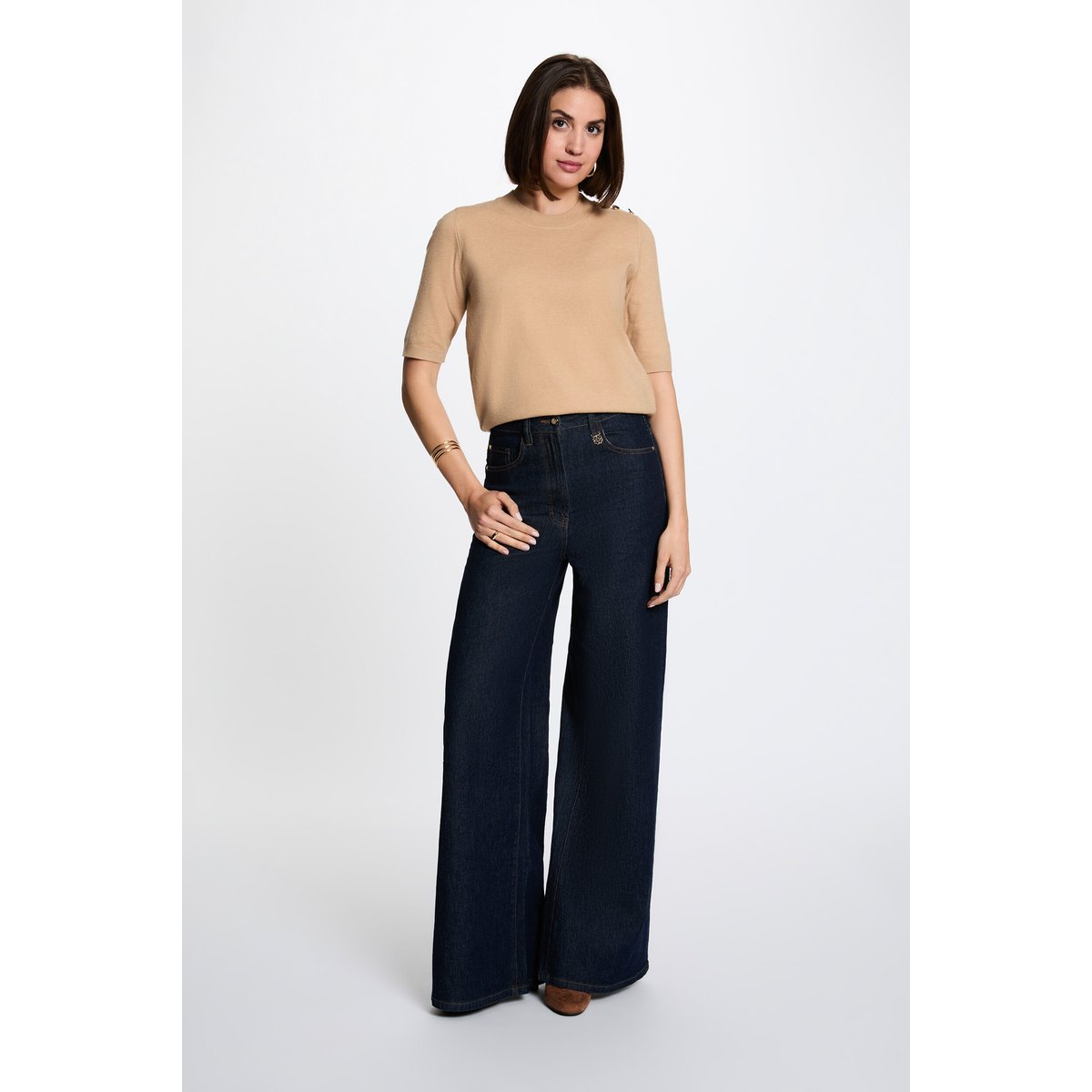 Pull col rond manches courtes beige, MORGAN