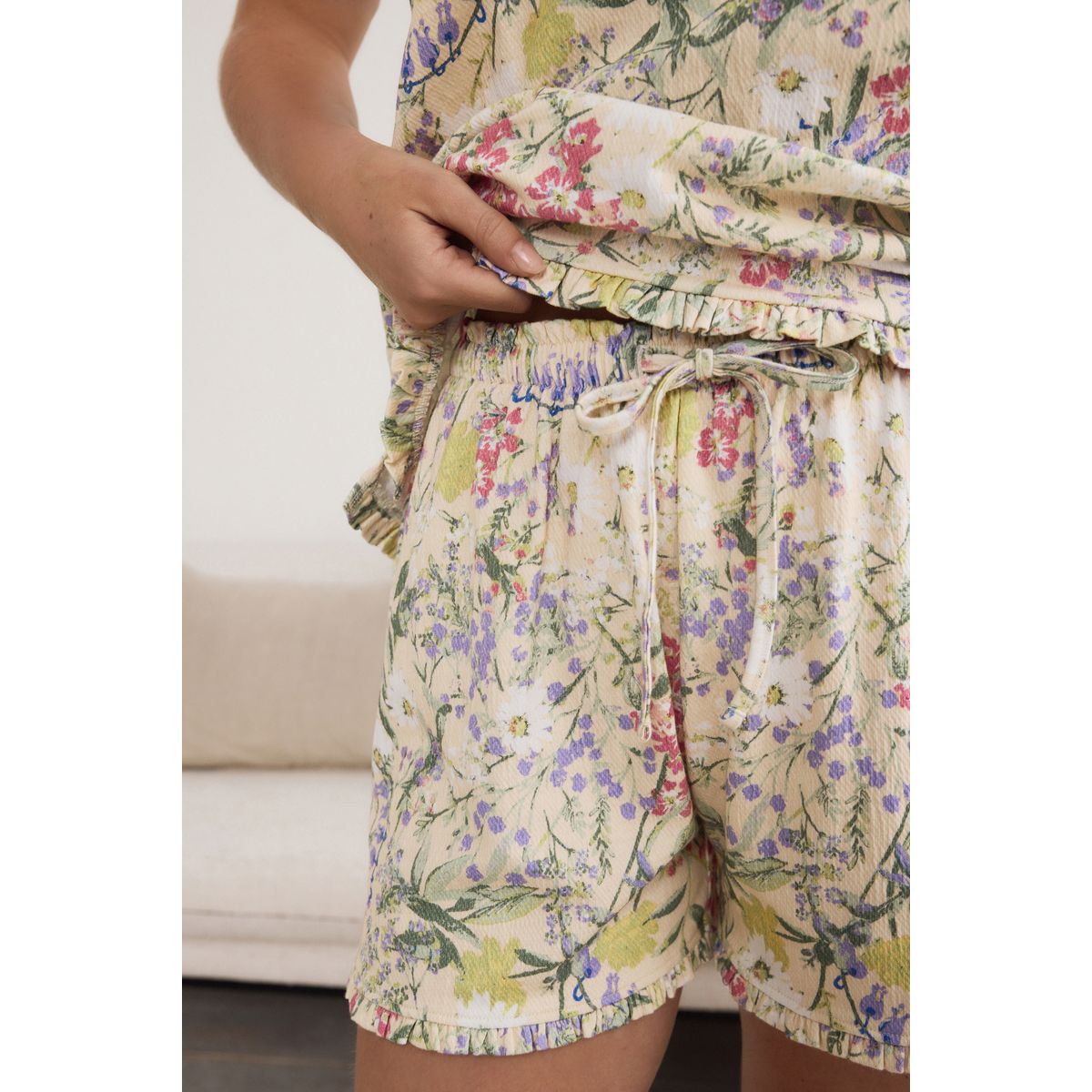 Pyjama short sans manches texturé, ensemble crème  à fleurs, NEXT