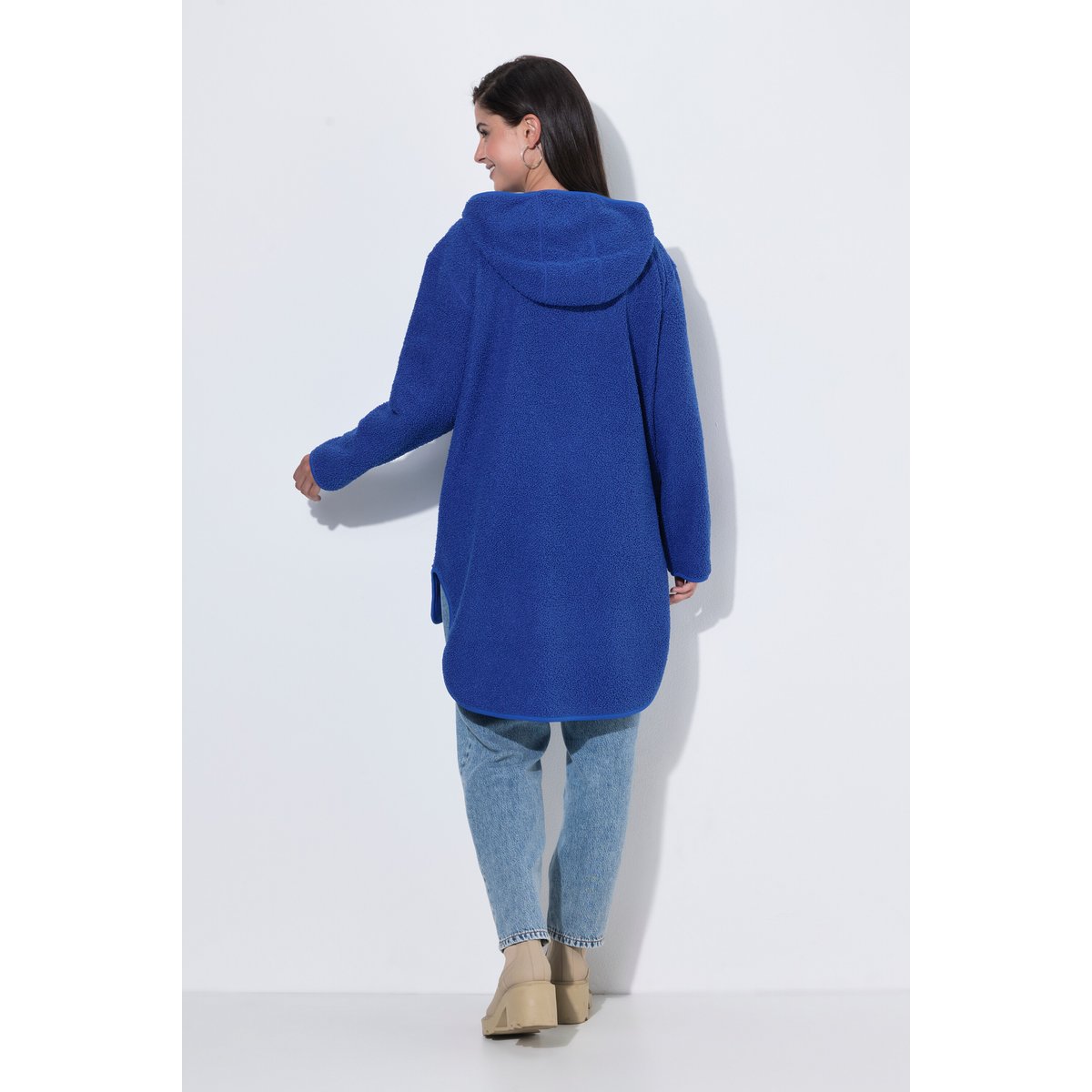Sweat-shirt long en polaire bouclée, capuche bleu cobalt, ULLA POPKEN