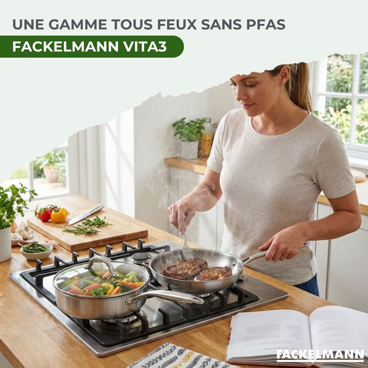 Set de 2 poêles de cuisson 24 cm en inox sans PFAS VITA3 gris, FACKELMANN