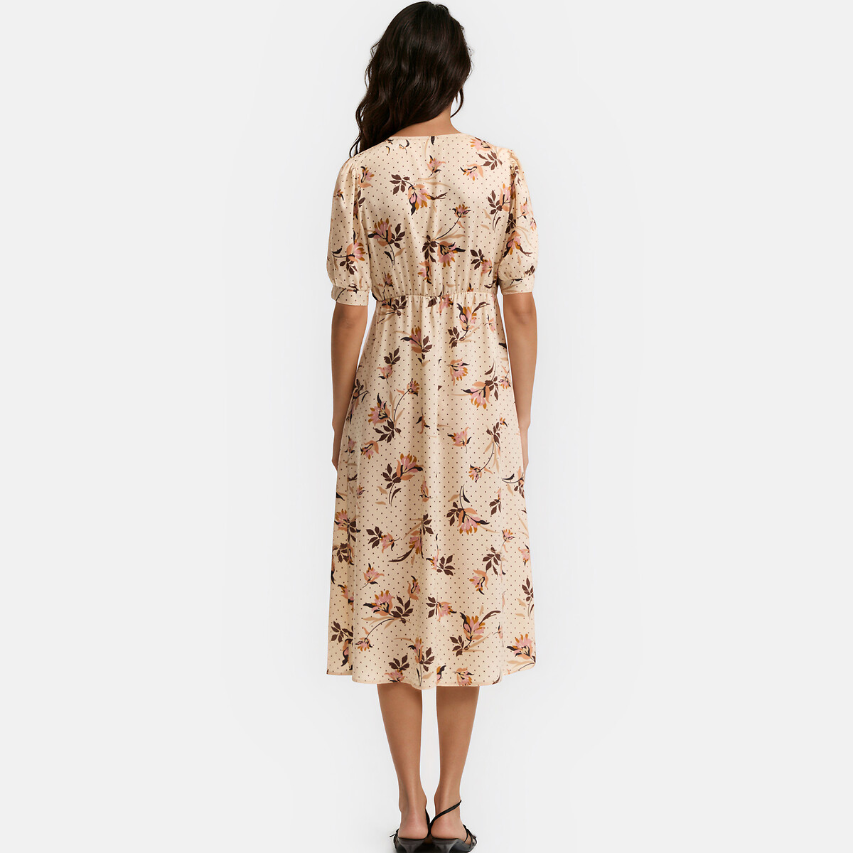 Vestido midi com decote em V, estampado floral e mangas curtas estampado flor rosa, LA REDOUTE COLLECTIONS