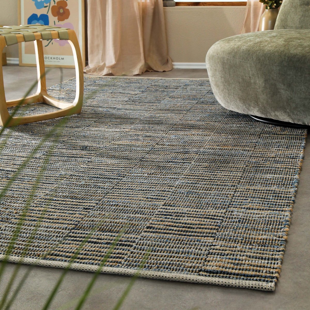 Tapis en laine et denim recylcée, effet used , Denim Blues denim bleu, beige, WECON HOME