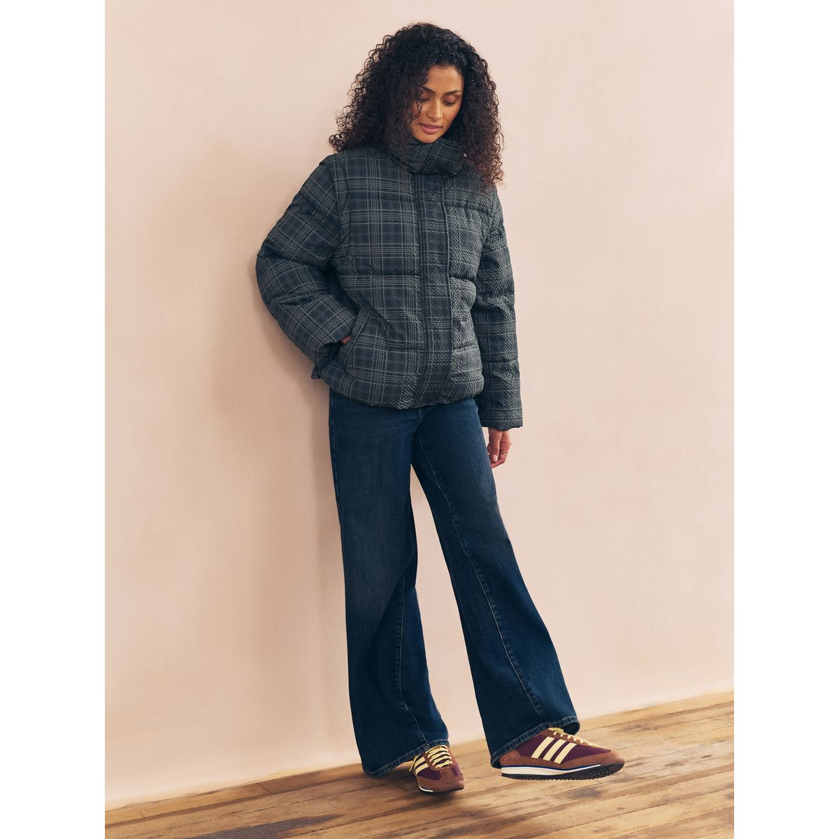 Manteau rembourré court à manches amovibles bleu marine à carreaux, NEXT