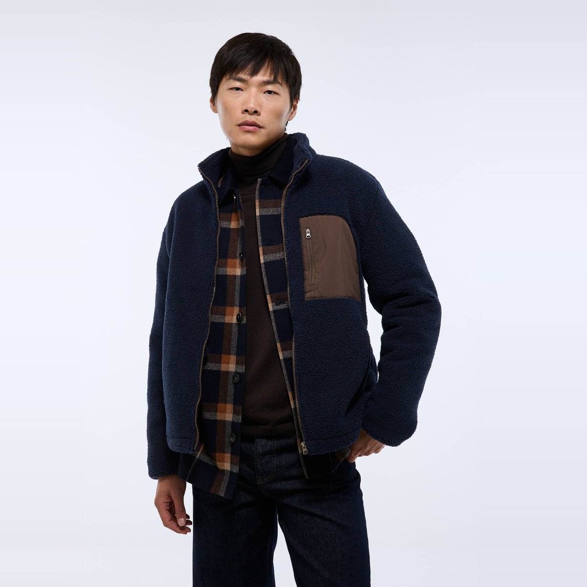Veste sherpa manches longues zippée marine, MONOPRIX