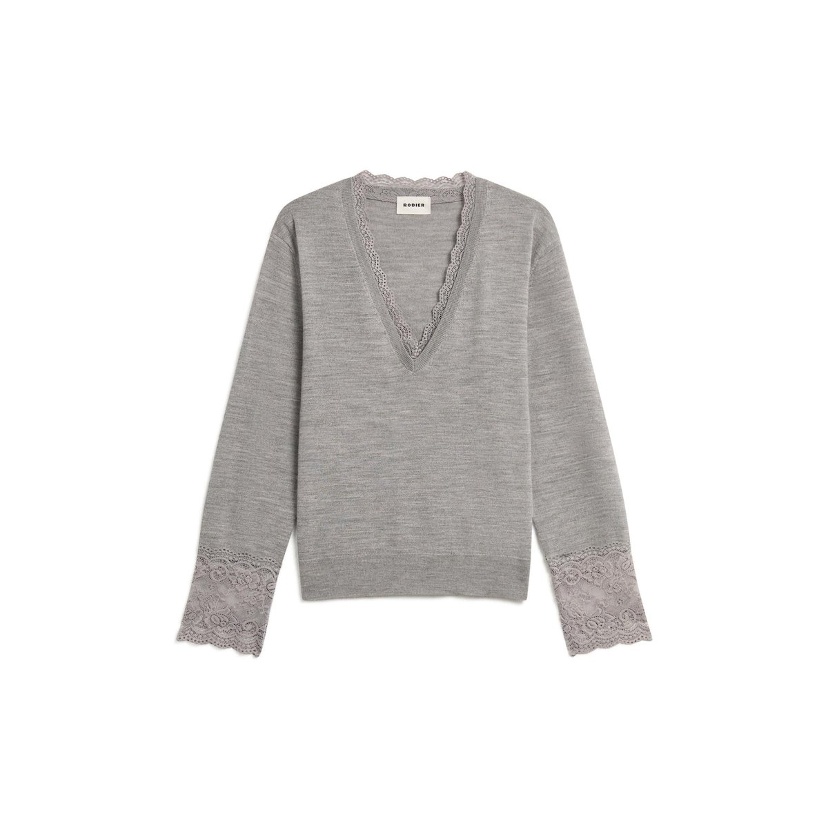 Pull col V dentelle en laine gris foncé, RODIER