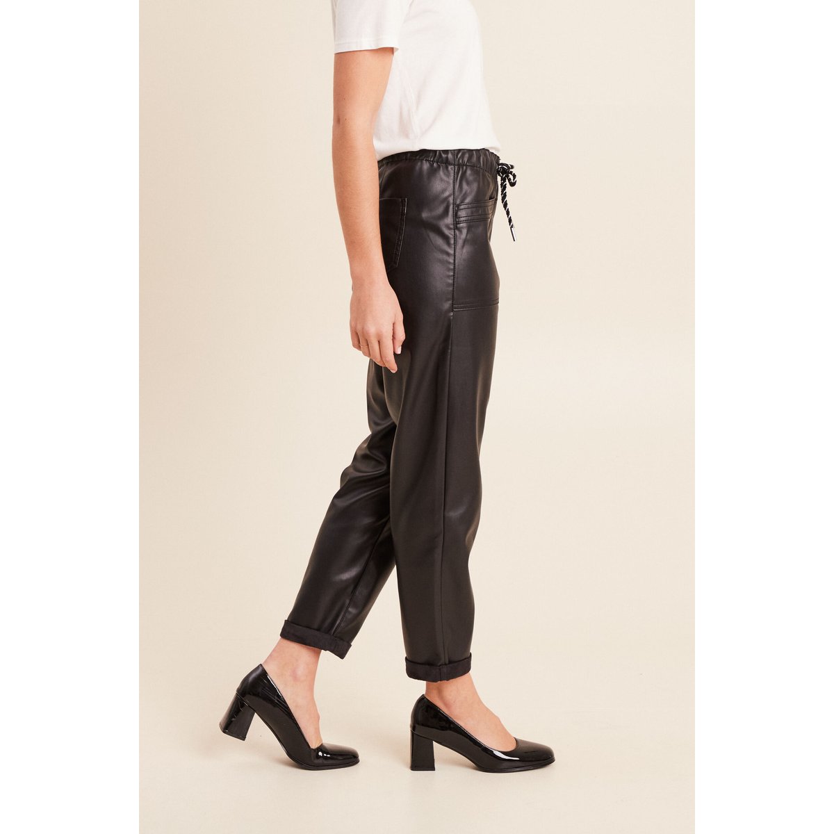 Pantalon paperbag simili cuir noir, BREAL