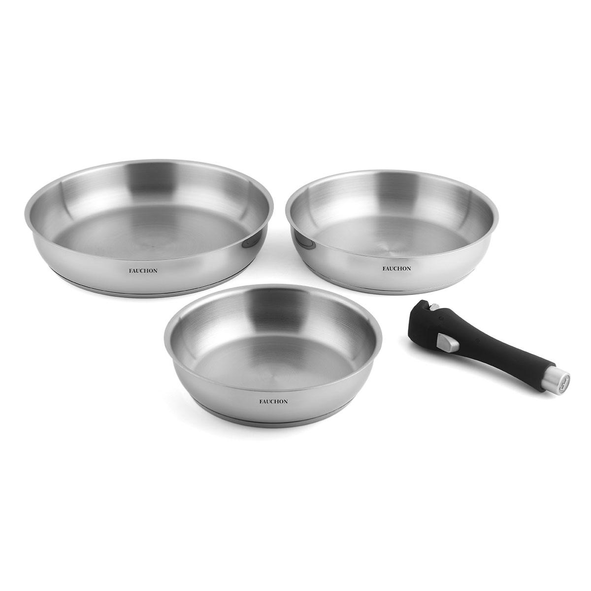 3 poêles 20/24/28 cm amovible inox 18/8 induction couleur unique, LAGUIOLE CUISSON