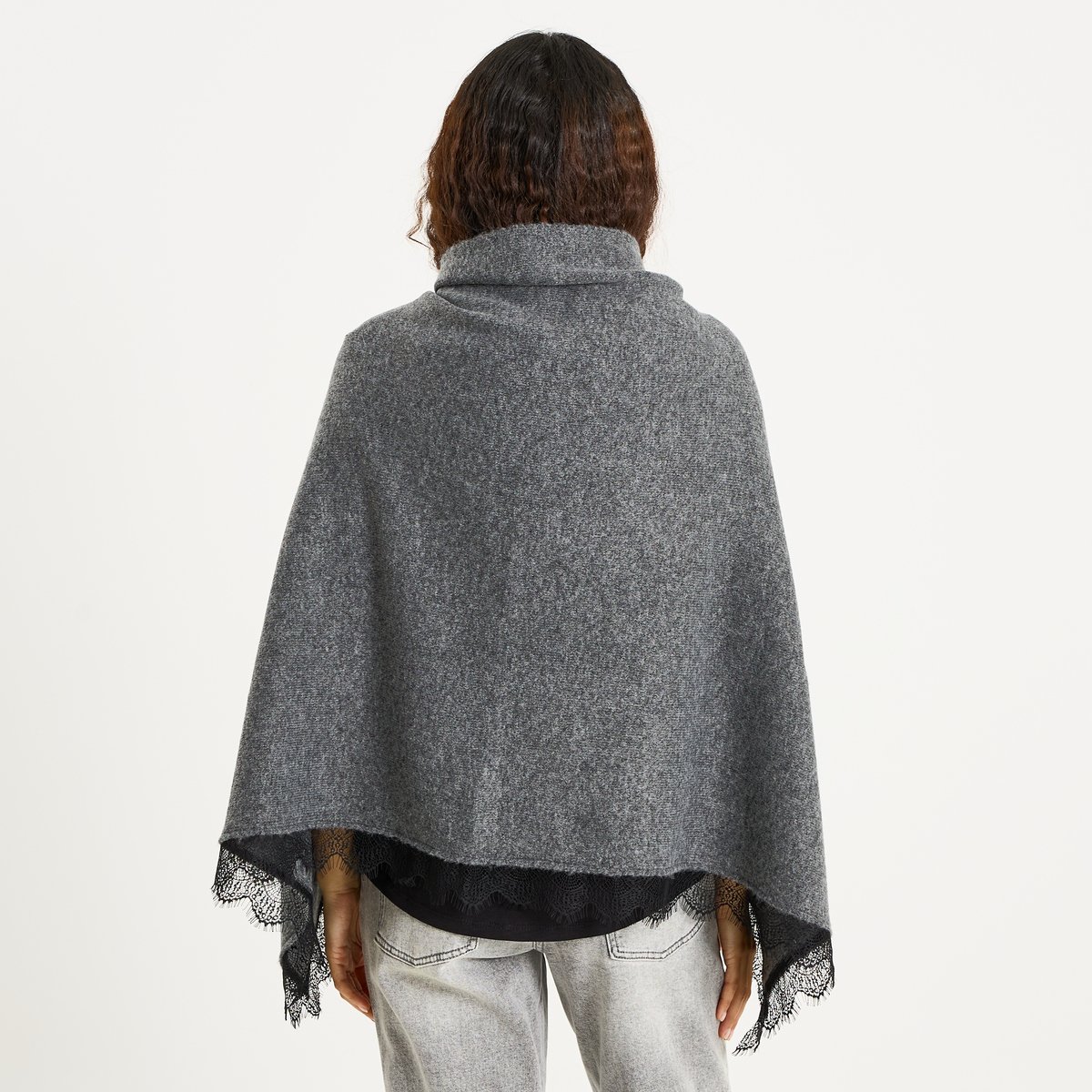 Poncho en maille bordure ajourée gris, GRAIN DE MALICE