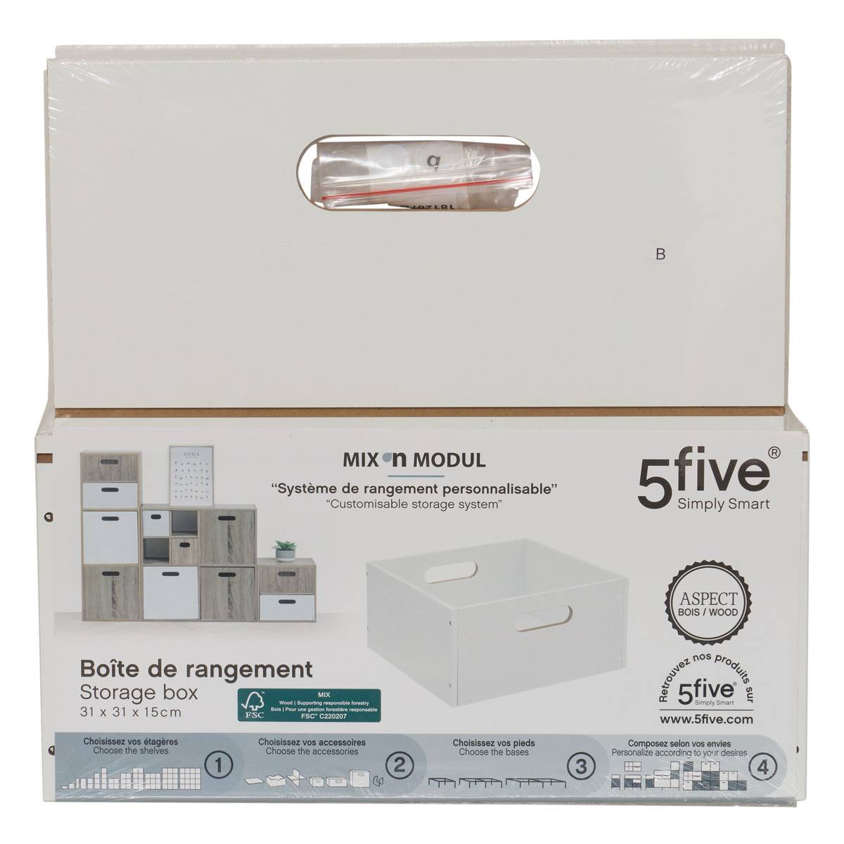 Panier de rangement en tissu effet bois MIX'N MODUL blanc, 5FIVE SIMPLY SMART
