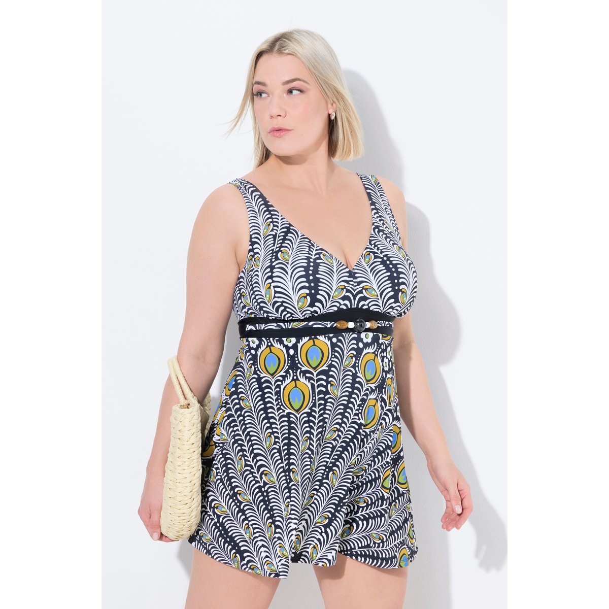 Robe de bain motif plumes de paon. Bonnets noir, ULLA POPKEN