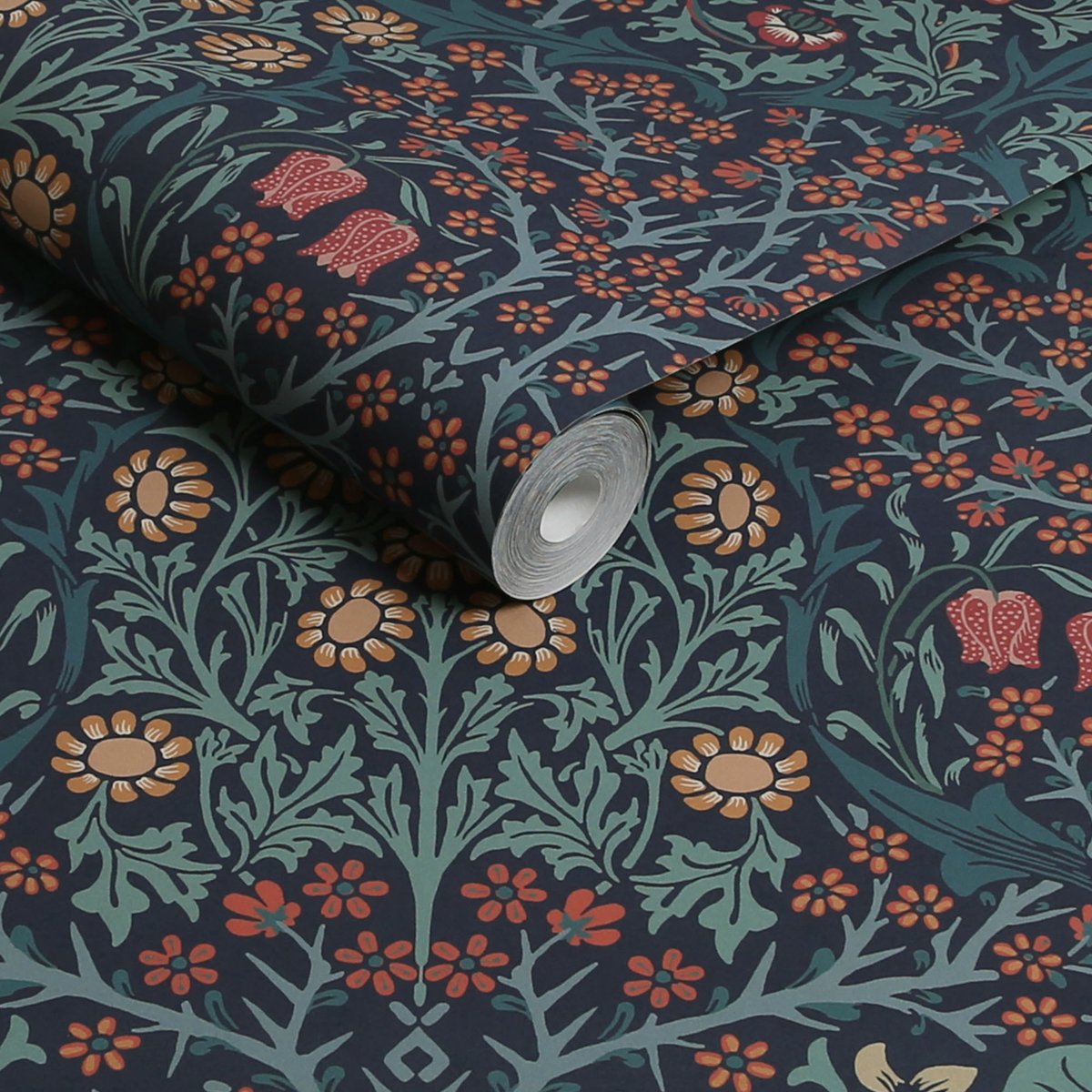 Papier peint Fleurs de prunellier d'une nuit d'été turquoise, corail, ocre, WILLIAM MORRIS AT HOME