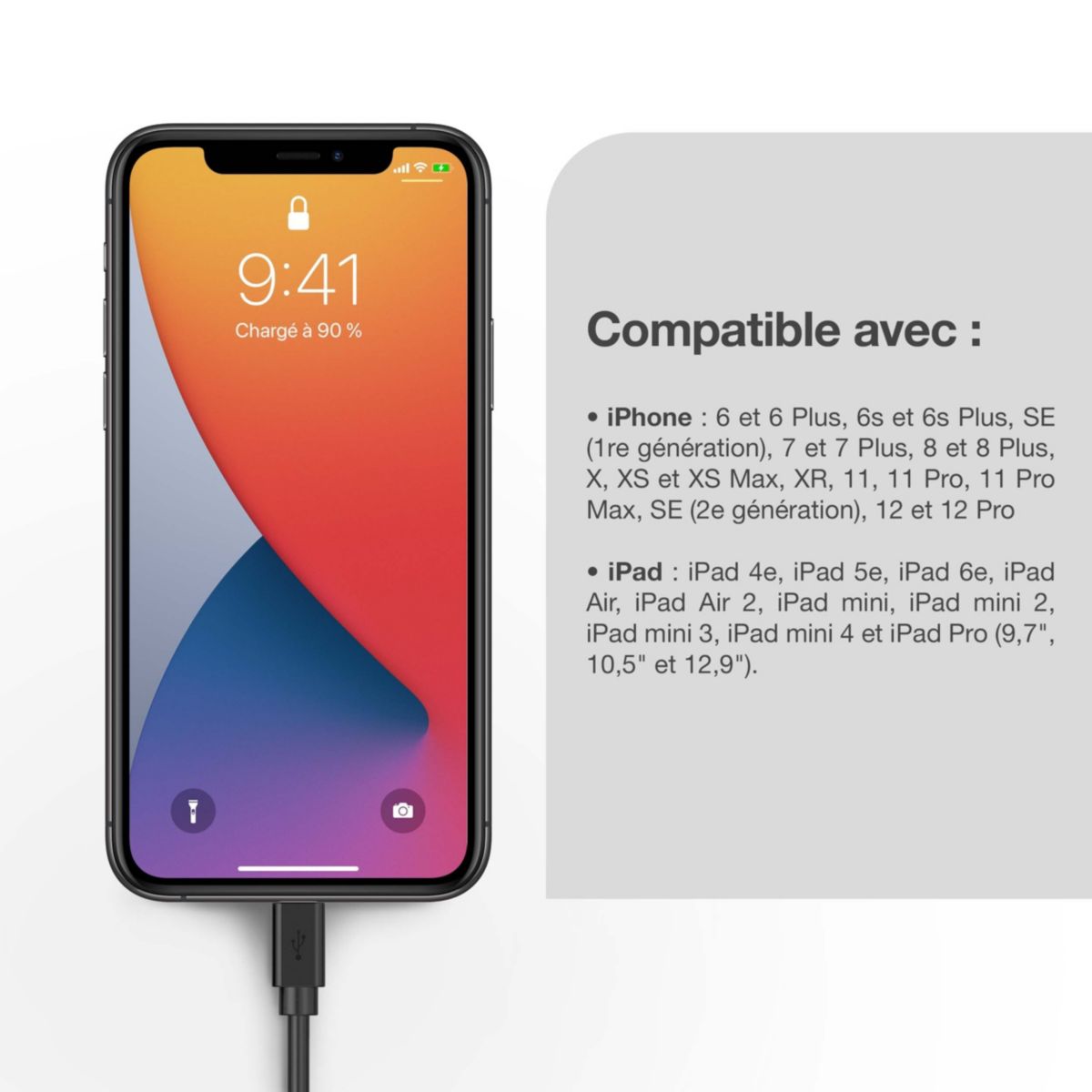 Câble Lightning vers USB 1M certifié Apple Noir couleur unique, ESSENTIEL B