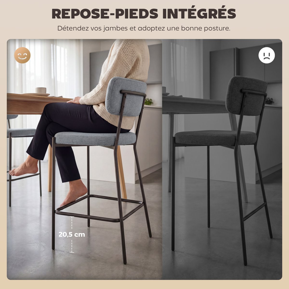Tabouret de bar Tissu effet lin (100 % gris clair, HOMCOM
