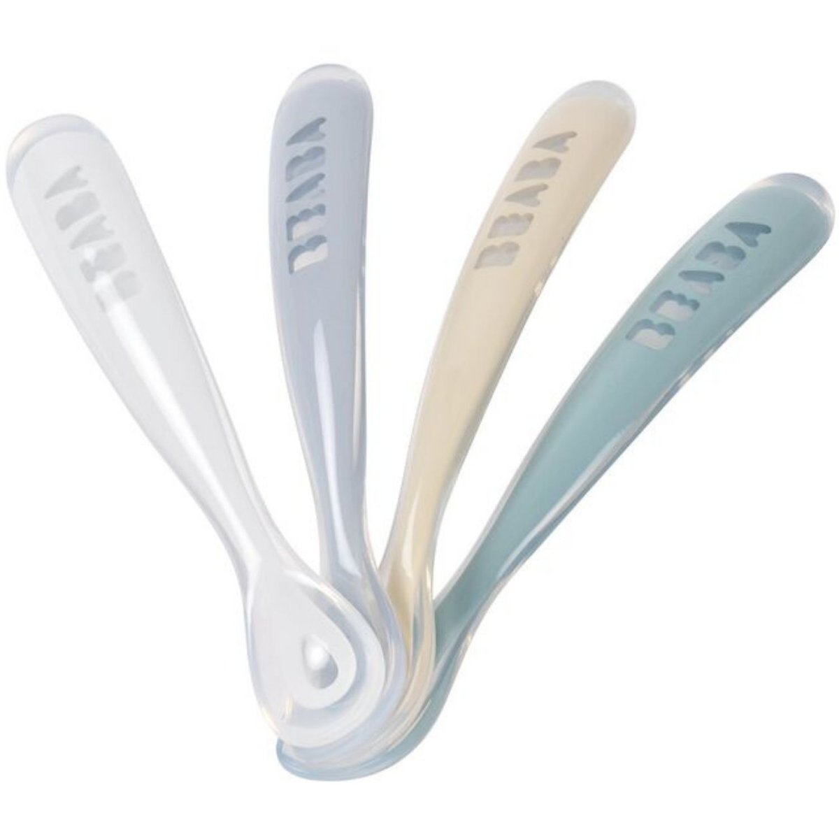Lot de 4 cuillères silicone 1er âge galet, bleu nuage, bleu baltique, argile, BEABA