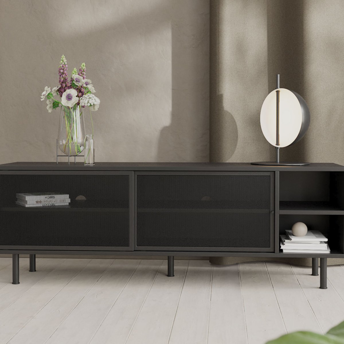Meuble TV 2 portes, 2 niches en métal L160cm- KISO noir, DRAWER