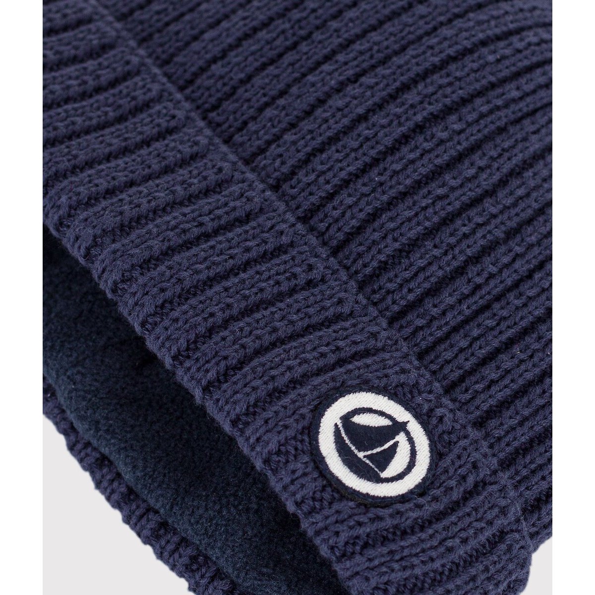 Bonnet bébé uni en tricot doublé polaire bleu marine, PETIT BATEAU