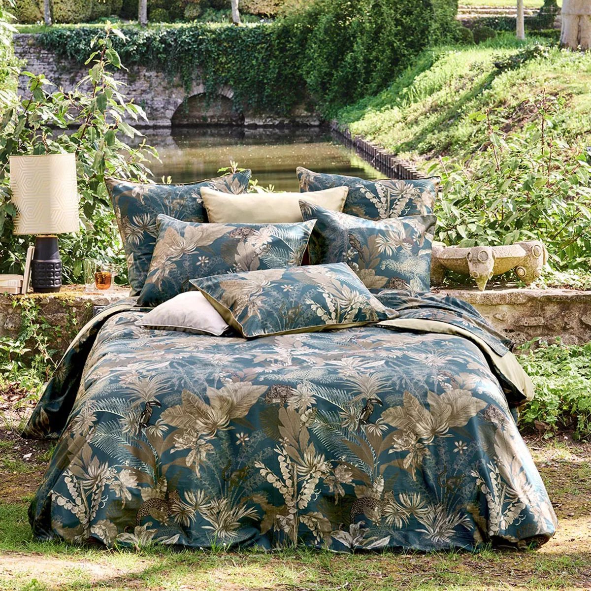 Housse de couette satin de coton RAINFOREST bleu dore, GARNIER THIEBAUT